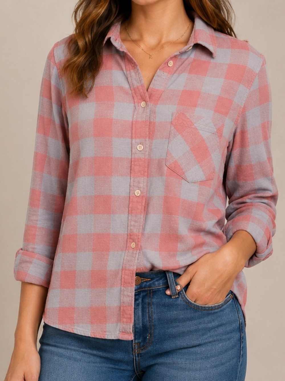 J. Crew 100% Cotton Flannel Classic Button Down Shirt Pink Grey Checkered 10